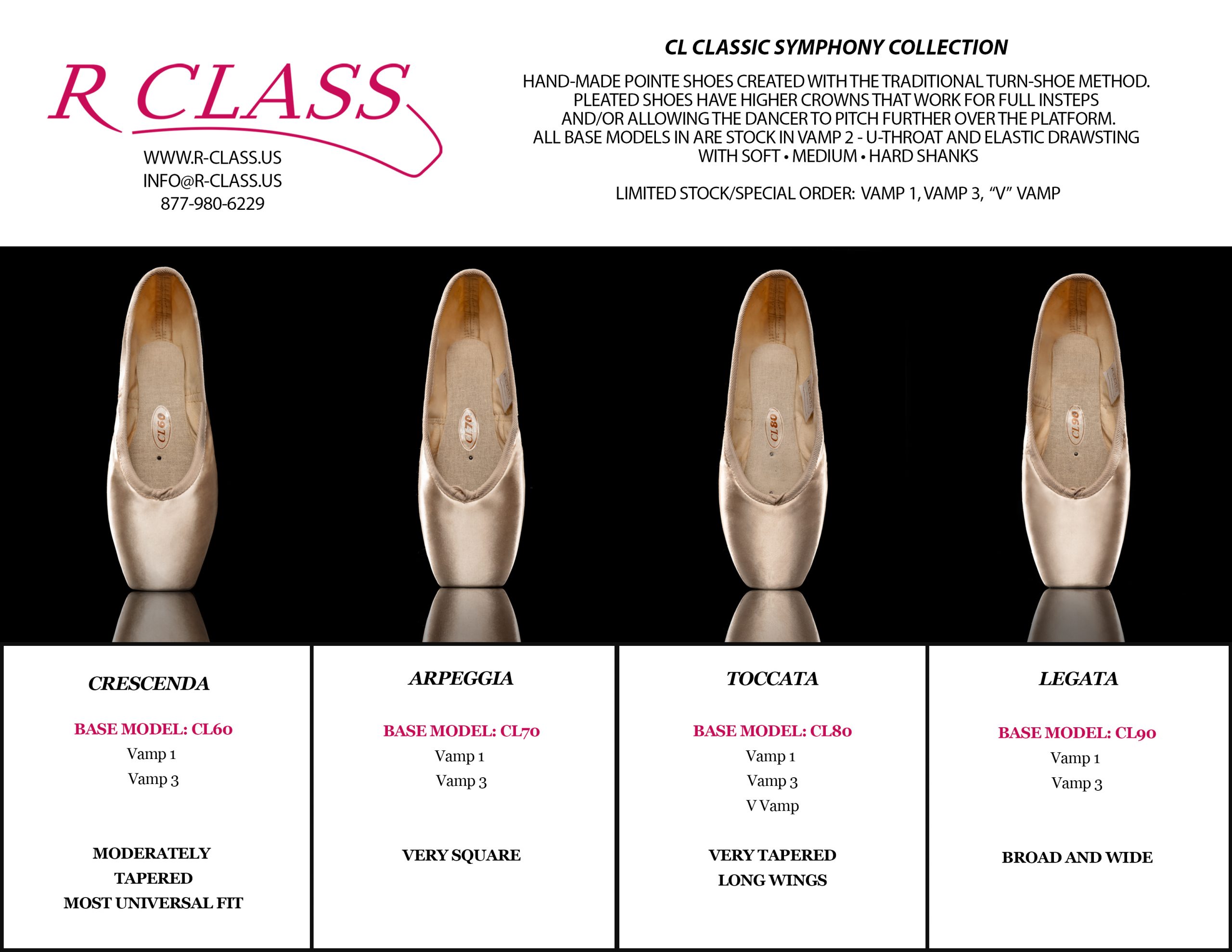 R-Class RC Signature Collection are made with pleatless technology and stitched soles. These six models have shallow crowns that fit lower profile feet and/or alllow the dancer to stay higher in her shoe.