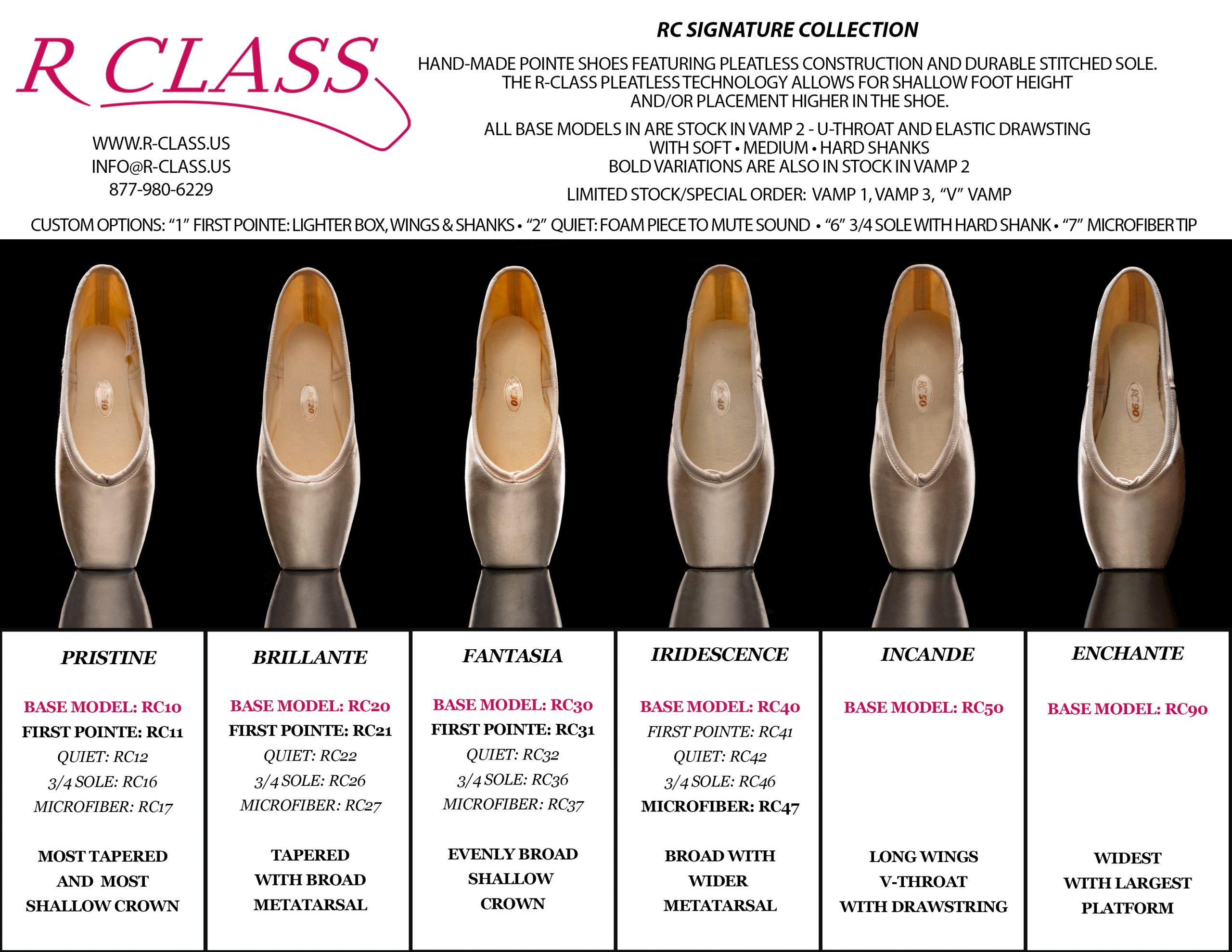 R-Class Signature Collection of pleatless hand-made pointe shoes. Each of the 6 models ranges from most tapered to most broad. Base models end in 0. Other variations end with 1,2,6,or 7. 